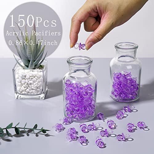 Image of XINHUIDALSQ 150 Mini Acrylic Pacifiers for Baby Shower Girl Game, 0.86 Inch Bulk Chupones para Gender Reveal Party Favors Table Decoration (Purple)