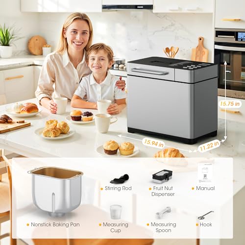 Image of Manastin 2LB & 1.5LB Bread Maker Machine, 19-in-1 Automatic with 3 Crust Colors, 3-Step Beginner-Friendly Operation, Keep Warm, Programmable Delay Timer for Homemade Bread, Dark silver