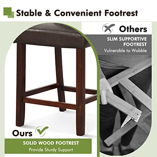 Image of COSTWAY Bar Stools Set of 2, PVC Leather 24.5 Inch Counter Height Chairs with Hollowed Backs, Rubber Wood Legs, Upholstered Barstools for Kitchen Island Home Bar Pub Dining Room, Brown