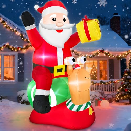 6 FT Christmas Inflatables Santa Claus with Blow Up Snail & Gifts on The Farm Decoration Xmas Blow Up Santa with Animals Built-in 6 Bright LEDs for Xmas Party Holiday Outdoor Indoor Yard Lawn Garden