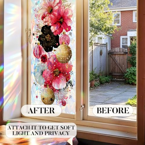 Image of Pink Black Floral Ornament Holographic Window Film 17.32x39.37in