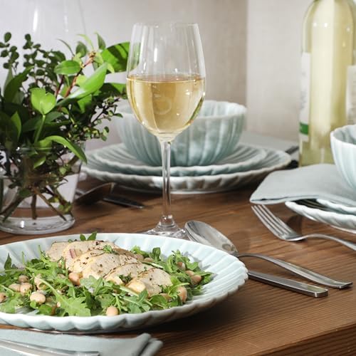 Image of Gibson Elite Peach Orchard 12-Piece New Bone China Dinnerware Set Service for 4, Embossed Fluted Plates and Bowls, Dishwasher and Microwave Safe, Aqua Blue
