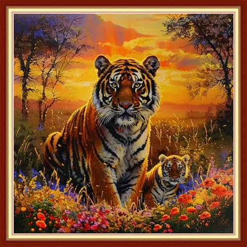 Image of Joyhoor Cross Stitch Kits for Beginners Stamped Cross-Stitch Supplies Needlework preprint Embroidery Kits for Adults DIY Needlepoint Kits Embroidery Patterns 11CT-Tiger Scenery 18x18 inchs