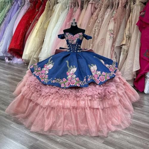 Zhangyo Floral Embroidery Quinceanera Dresses with Bow Ruffle Layered Sweet 16 Dresses Off Shoulder Ball Gown with Train3