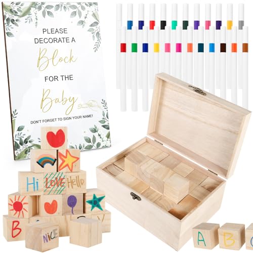GUIJZSLTRG 78Pcs Fun Baby Shower Games Sign Kit, DIY Baby Shower Blocks to Decorate Game Kit with 52 Wooden Blocks 24 Markers Unique Babies Ideas Activities for Guests Gender Reveal Party Supplies