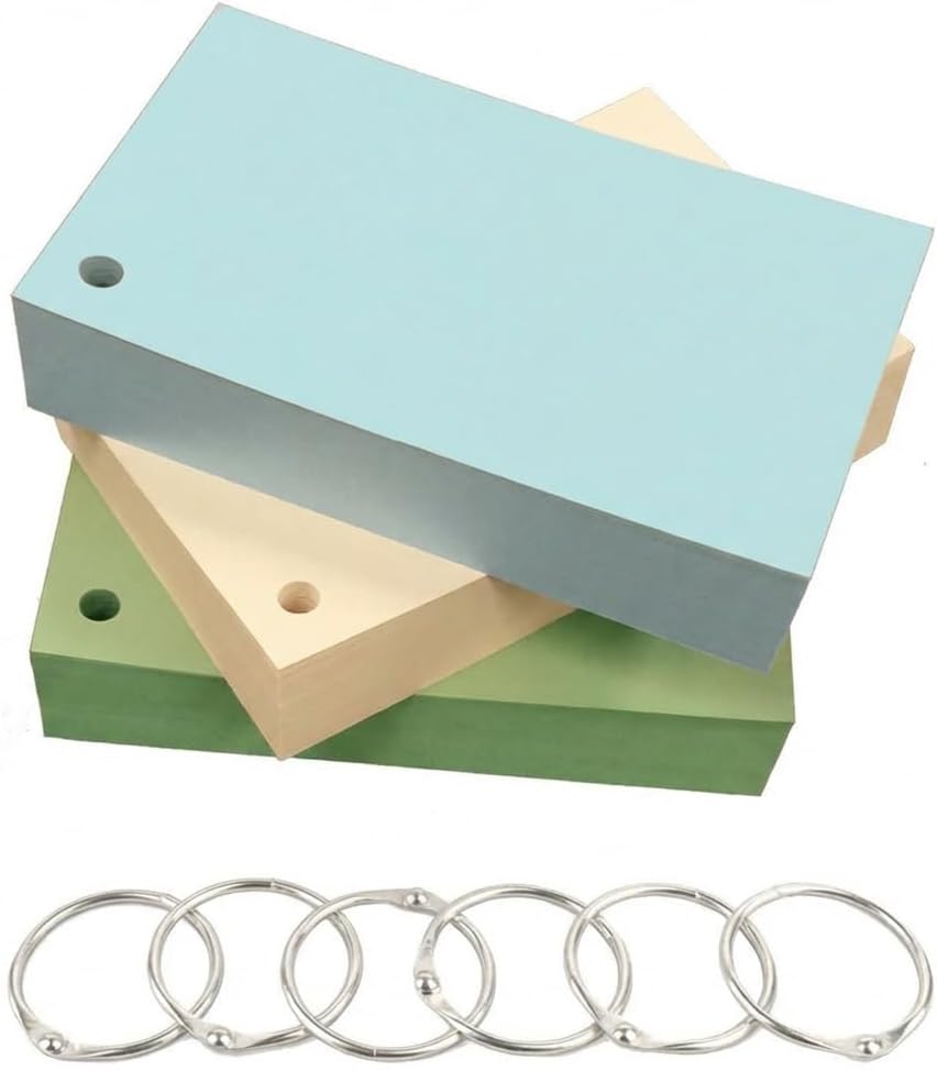Debra Dale Designs 3 x 5 Ringed Blank Index Cards 300 Count 110 lb Cardstock Single Hole Punched with 6 Metal Binder Rings Pastel Blue Green Ivory 100 Each Color