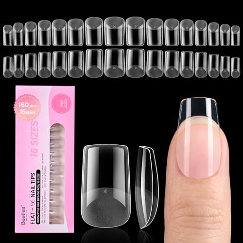 Beetles Gel Nail Tips Flat-X - Square Short, 160pcs 16 Sizes, Pre-Etched Half Matte Full Cover Soft Acrylic  Nail Tips Clear Press on Easy DIY Extension Salon for Flat & Natural Nail Beds