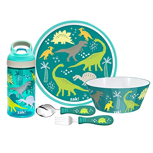 Zak Designs Children's Dinnerware Set Includes Plate, Bowl, Water Bottle, And Utensil Tableware, Non-Bpa, Made Of Durable Material And Perfect For Kids (5 Pieces, Dinosaur) #TOP6
