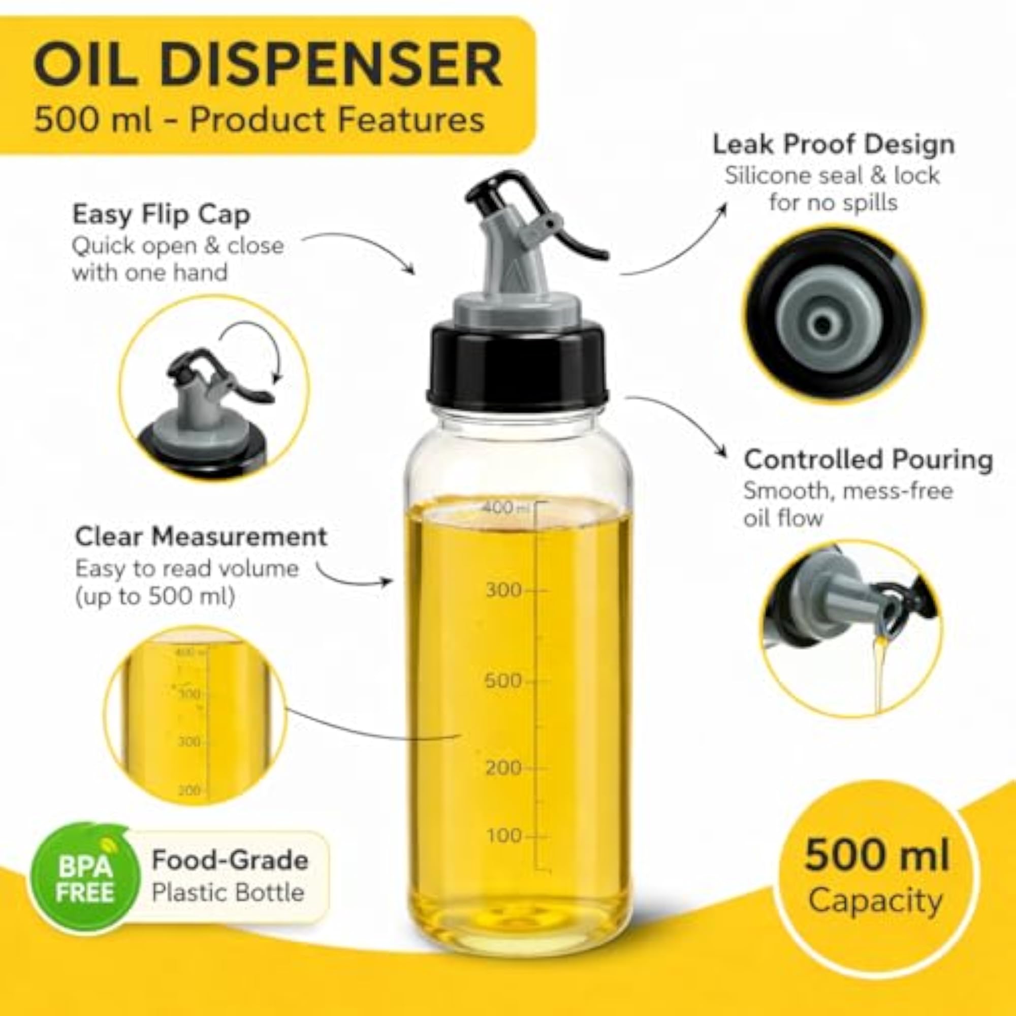 500ml Leak-Proof Flip Cap Oil Dispenser Bottle for Kitchen