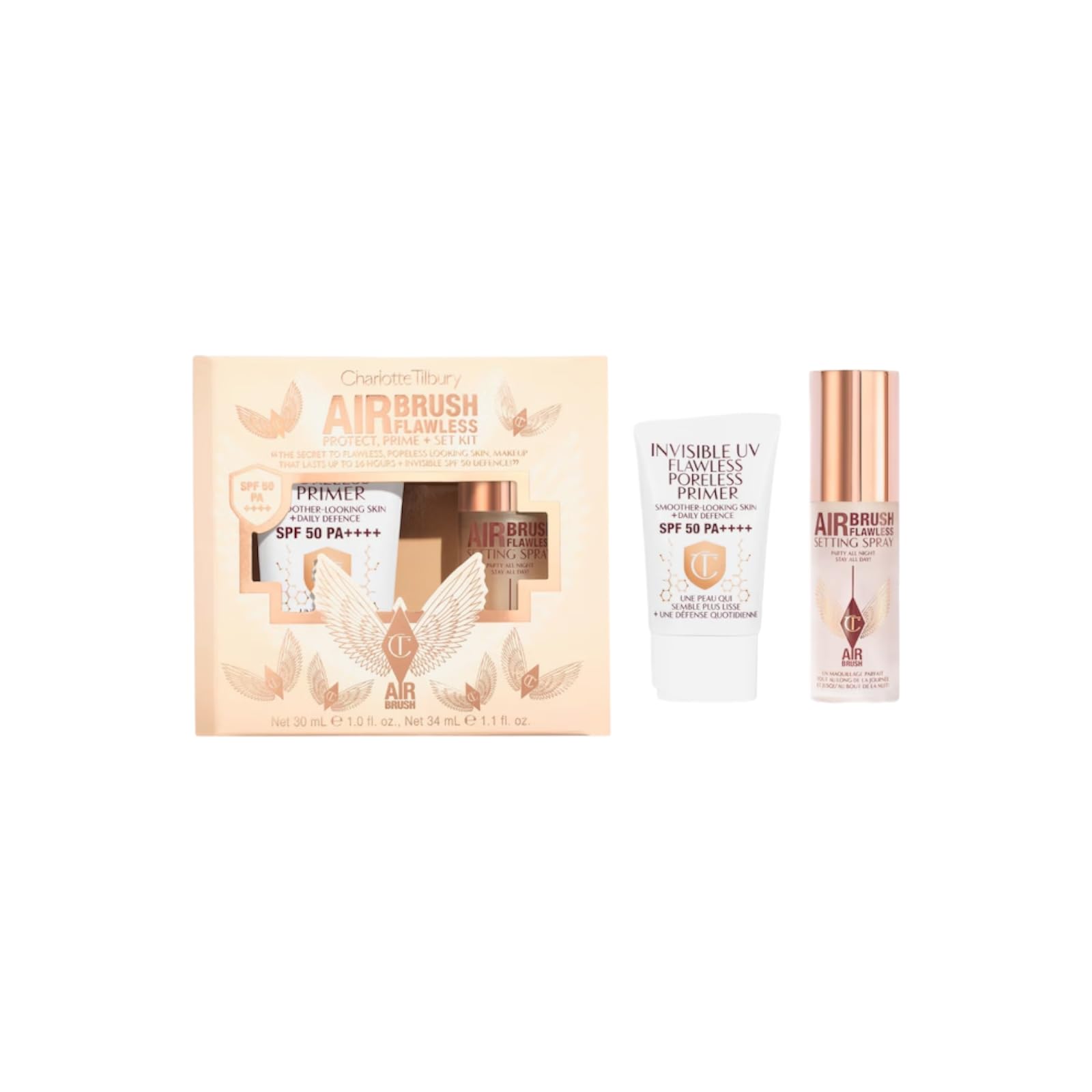 Charlotte Tilbury Airbrush Protect Prime Set, UV Primer SPF 50 PA++++ und Setting Spray Mini, Porenverfeinernde Technologie, Matt-Finish, Rosegold und Weiß, 30ml + 34ml