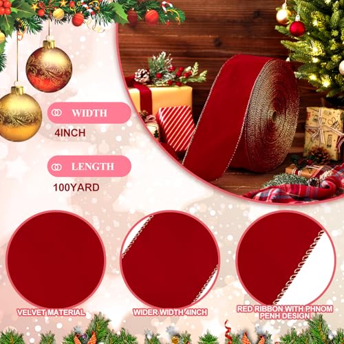Giegxin 4'' x 100 Yards Red Christmas Velvet Ribbon Wide Wired Outdoor Xmas Ribbon Waterproof Wrapping Velvet Decoration for Xmas Wreath Bows Floral Craft Decor by Giegxin - Image 2