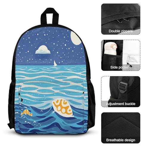3-in-1 Backpack Combination Set Hand-painted Style Ocean Print 3Pcs Backpack Sets Travel Daypack with Lunch Bag And Cosmetic Bag3