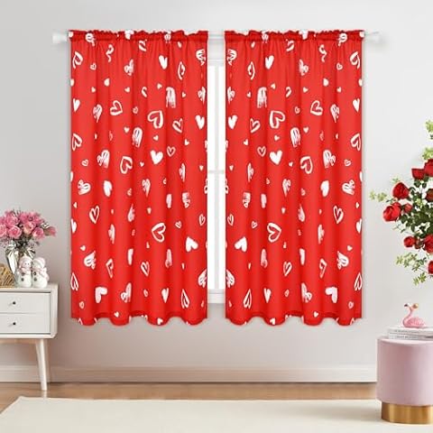 FRAMICS Valentine's Day Curtains for Living Room, Red Love Heart Window Curtains Valentines Day Curtains 63 Inch Length 2 Panels Set Rod Pocket Light Filtering Heart Curtains for Bedroom, 52"W x 63"L Cover