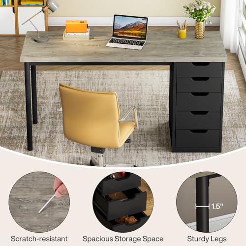 Image of Tribesigns Computer Desk with 5 Drawers, 47 inches Rustic Brown Home Office Desk with Storage, Modern Simple Laptop Desk Study Writing Table for Small Spaces (1, Grey+Black)