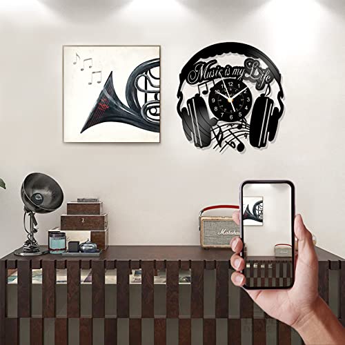 Kinglive Music Headphones Decor Wall, Musical Vinyl Record Clock, Birthday Gifts For Music Lovers, Vintage Wall Clocks Battery Operated, 12 Inch Black Musical Note Clock For Music Room Bedroom #TOP2