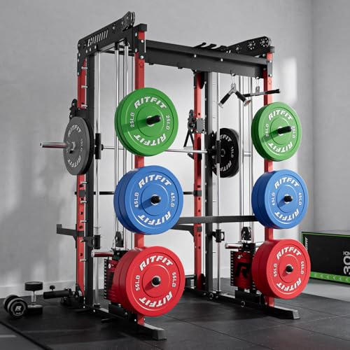 Image of RitFit M1 Pro Smith Machine Package, All-in-One Power Cage with Weight Stack Set, Includes LAT Pulldown & Cable Crossover System for Home Gym