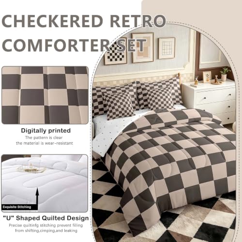 Image of Feelyou Checkered Retro 7 Piece Bedding Set Teen Women Men Gradient Brown Plaid Comforter Set with Sheets Full Size Kids Boys Geometric Vintage Bed in a Bag Modern Simple Groovy Aesthetic Room Decor