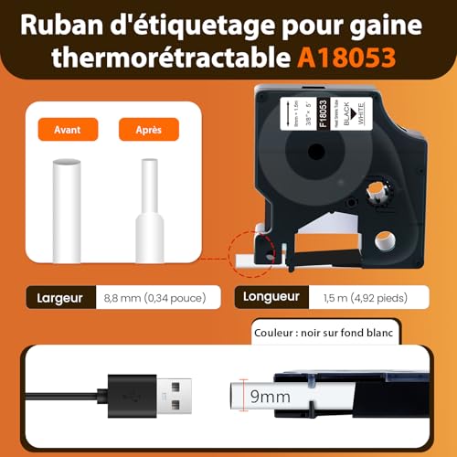 18053 Étiquettes thermorétractables pour tube 9 mm pour Rhino 5200, remplacement des étiquettes thermorétractables Dymo Rhino 18053, noir sur blanc, étiqueteuses Dymo 4200, 5200, 5000, 6000 – vue 3