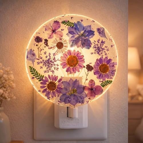 Image of Glooglitter Pressed Flower Night Light Plug in-Handmade Dried Floral Wall Night Light, Soft Glow Decorative Nightlight for Hallway Bedroom Nursery Bathroom, Vintage Botanical(Purple,Flower)