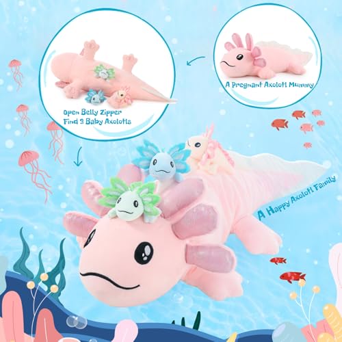 Image of MaoGoLan Giant Axolotl Plush with 3 Babies Inside, 33 inch Axolotl Stuffy | 33 Inch Pink Sequin Mommy Salamander Set For Kids Girls Boys, Kawaii Room Decor, Birthday Christmas Gift, Soft Pillow
