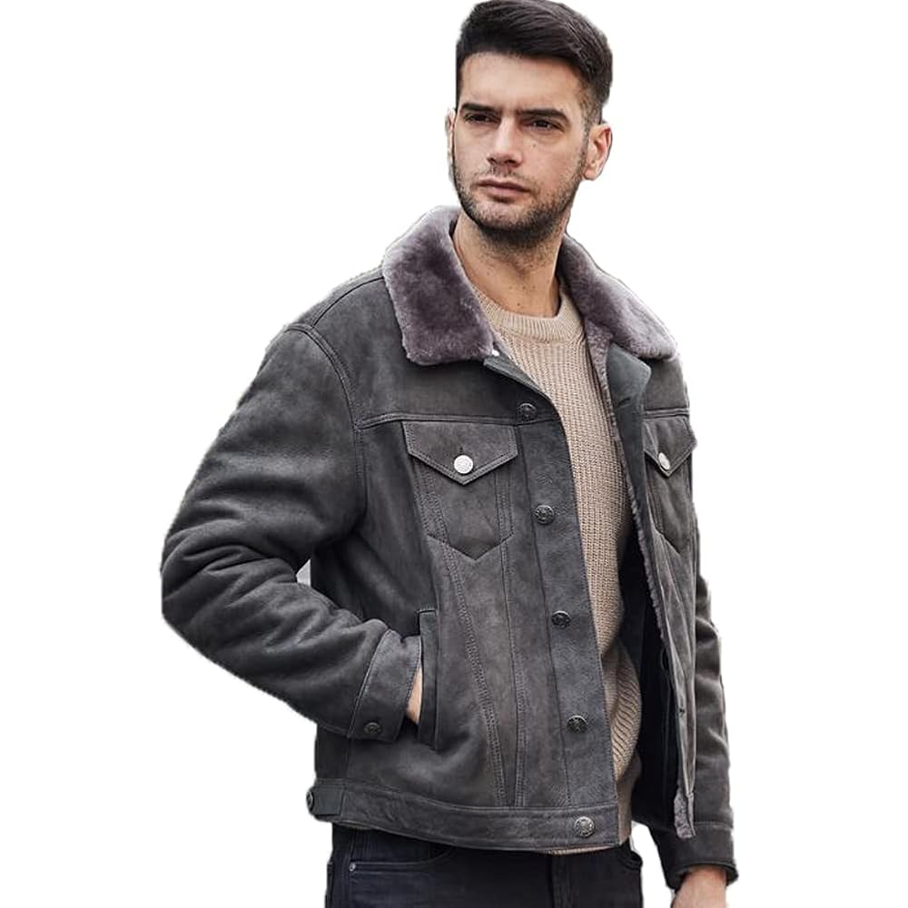 Denny&Dora Mens Shearling Jean Jacket Short Sheepskin Coat
