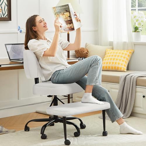 Image of Ergonomic Criss Cross Legged Office Chair, ADHD Chair, 360 Swivel Meditation Kneeling Chair with Wheels, Adjustable Footrest, Wider Height Adjustable Seat, Lumbar Support, Teddy Fabric, OffWhite