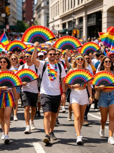 6 Pack Pride Rainbow Folding Fans Decorations Pride Fan Gay Les bian Wedding Pride Decor LGBT Pride Month Parade Accessories Party Favors Stuff Hand Fans for Women Men, Horizontal Rainbow Black — view 5
