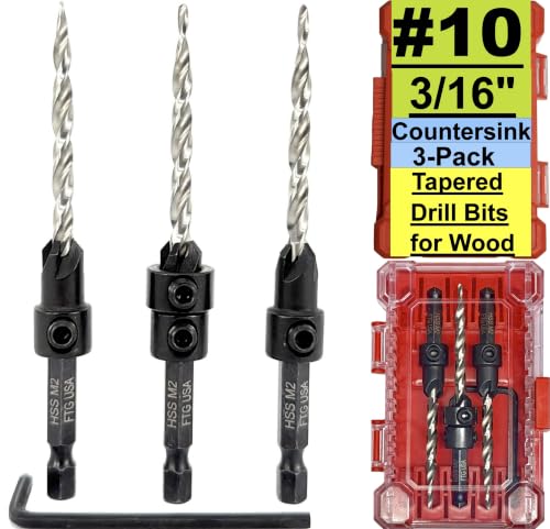 Image of FTG USA 3-Pk #10 (3 /16 inch) Countersink Drill Bit Set, 1 Stop, 1 Wrench & Case