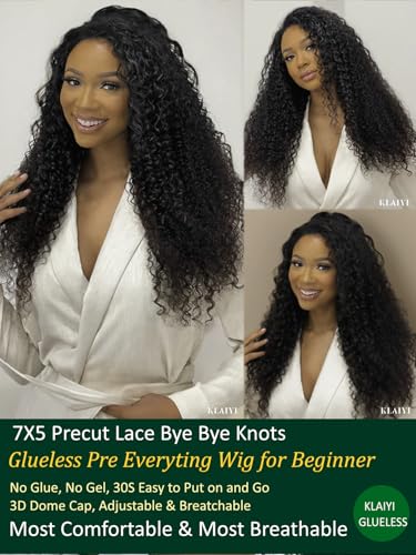 Image of KLAIYI Curly Bye Bye Knots Glueless Wig Human Hair Pre Cut 7x5 HD Lace Front Wig Pre Plucked Bleached 30S Ready to Wear and Go Wigs for Black Women Water Deep Wave Beginners Wig with Baby Hair 24Inch