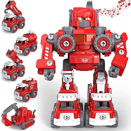 TOYABI Toys for 3 4 5 6 7 Year Old Boys - Fire Truck Vehicles Transform Robot Kids Toys, STEM Building Toddler Toys for Kids Ages 4-8 Pull-Back Toys, 5-in-1 Trucks Gifts for Boys Girls