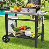Heavy-Du Edelstahl BBQ Prep Tisch & Grillwagen mit feststellbaren Rädern, Doppelregalen, Seitenhub - Vielseitiger Outdoor Kochstat für Hinterhof, Camping, Terrasse, Pizzaofen & Grillen