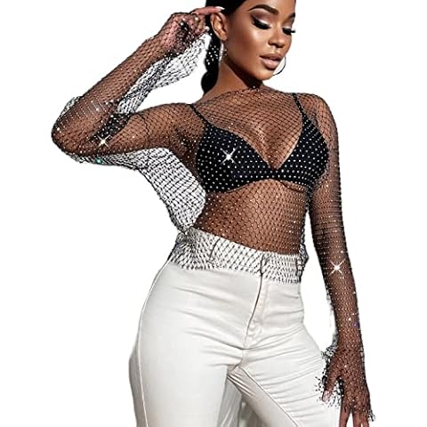 Women Rhinestone Mesh Long Sleeve See Through Cover up Hollow Out Crop Tops Sexy Nightclub Fishnet Bikini Rave Festival Clubwear (Black, XL) Cover