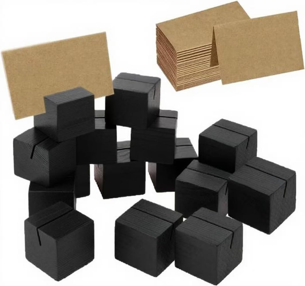 BSTMOME 20PCS Wooden Name Card Holder Wooden Table Number Stands Solid Wood Place Card Holders with Kraft Card for Name Tags Pictures Reserved Signs Food Labels Postcards Menus - Black