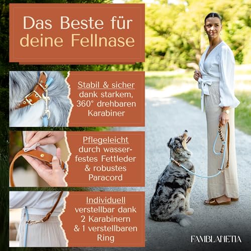 FAMBLANETIA Hundeleine Leder (2,4m), Paracord | mittelgroße, große & kleine Hunde | Geflochtene Führleine zum Umhängen | 2 Karabiner verstellbar | Hochwertig Fettleder handgemacht braun blau Luxus Tau