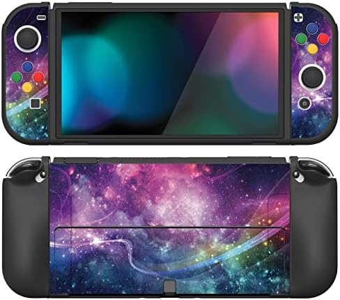 PlayVital ZealProtect Soft Protective Case for Nintendo Switch OLED, Flexible Protector Joycon Grip Cover for Nintendo Switch OLED with Thumb Grip Caps & ABXY Direction Button Caps – Purple Galaxy