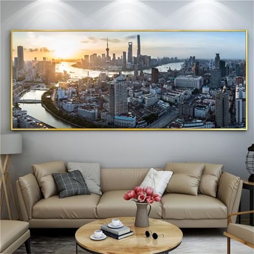 Broderie Diamant Grand Format 70x140cm Ville Coucher de Soleil Kit Point de Croix DIY