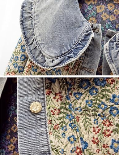 Vintage Floral Denim Jacket Peter Pan Collar Long Sleeve Blue Flower Pattern Button Front Jean Jacket Coat3