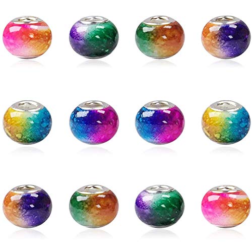 AIPRIDY 100Pcs 15x11mm Painting Murano Large Hole Glass Beads Mix Color with Silver Brass Cores European Charm fit Bracelet Necklace (Explosive Double Color Glass)
