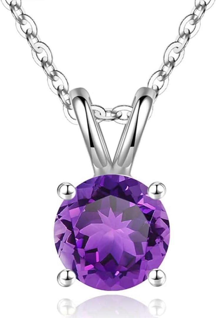 Forever Love 1pc Real Sterling Silver February Birthstone Necklace 18 inch 8mm Purple Amethyst Round Cut Solitaire Cubic Zirconia CZ Stone Pendant Anniversary Birthday Women Gift NK18-B2