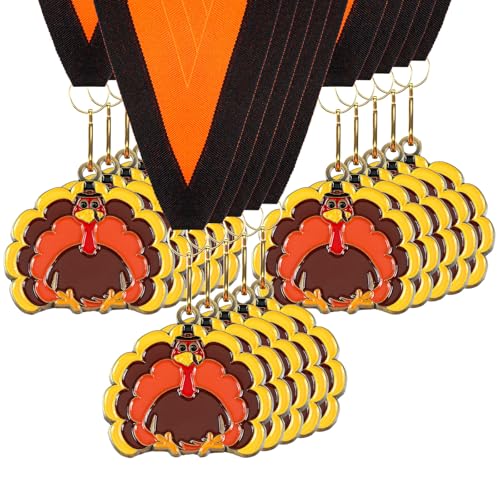 Sasylvia 20/40 Pcs Thanksgiving Medals 2 Gold Metal Turkey Trot Maple Leaf Medals with Ribbon Leaves Wreath Great for First Place Thanksgiving Race Awards for Adult Family(20 Pcs Turkey)