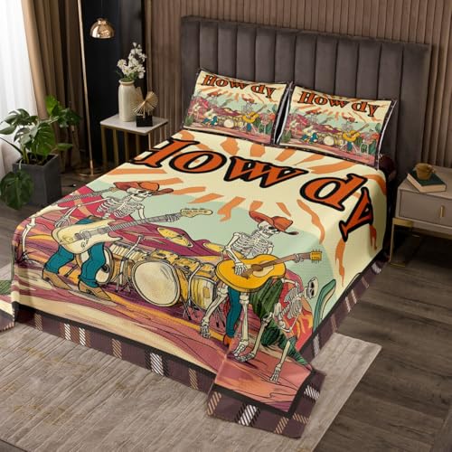 Manfei Howdy Bedspread Twin Size, Cowboy Skeleton Music Theme Coverlet Set for Kids Boys Teens, Western Desert Cactus Quilted Coverlet with 1 Pillowcase, Soft Polyester Bedding Quilt