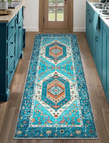 SERISSA Boho Washable Runner Rug, 2x5 Rug Runner Non-Slip Vintage Blue Hallway Kitchen Runner Rug Ultra Soft Print Distressed Tribal Floor Carpet Runner for Bedroom Bathroom Laundry Living Room