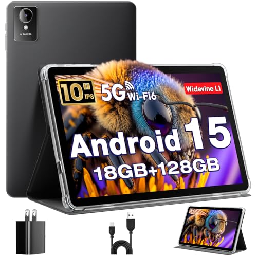 Tablette 10 Pouces, Tablette Android 15 avec Étui, Octa-Core, 18GB RAM+128GB ROM+Extension 1TB, Écran HD IPS 1280X800, 5G+2,4G WiFi, Double Caméra 5MP+8MP,...