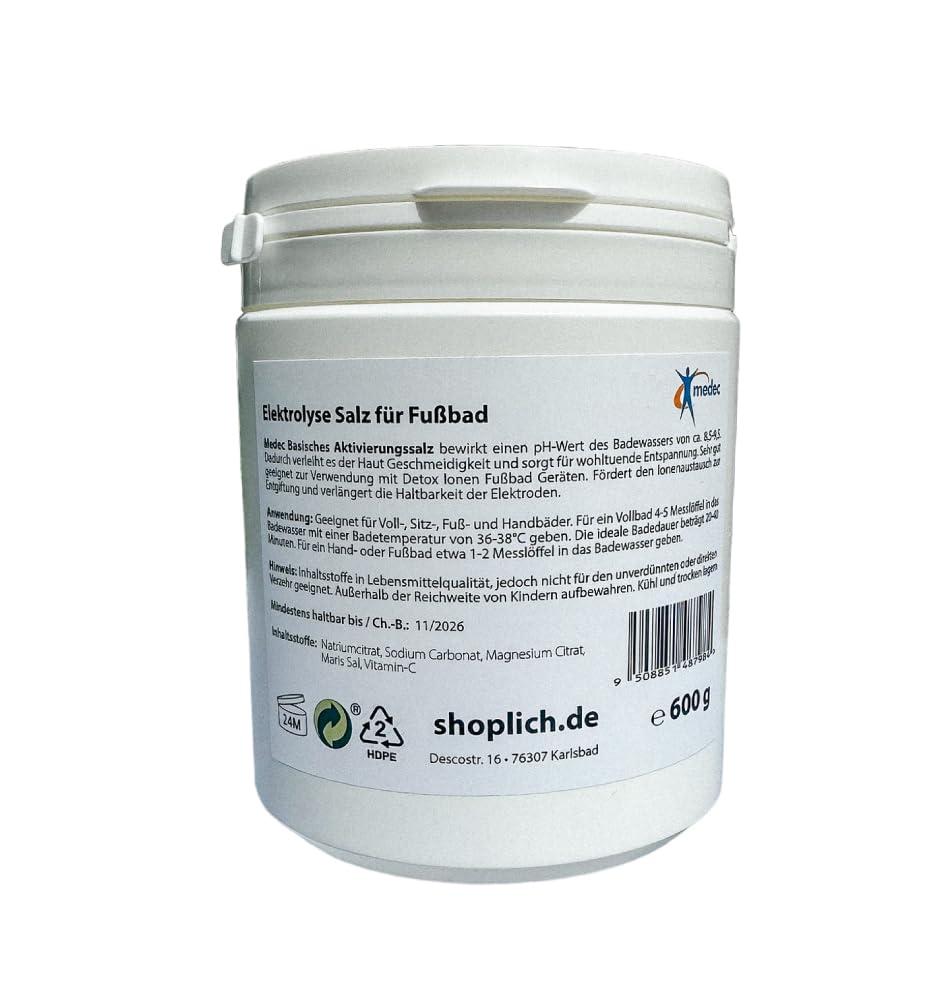 Elektrolytsalz 600g basisch für Ionen- und Elektrolysefußbad | basisches Aktivierungssalz, für Fußbad, Sitzbad, Handbad & Vollbad, vegan, pH 8,5