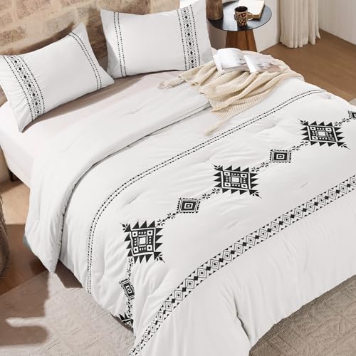 Baskbed Embroidered Boho Comforter Set King Size, 3-Piece Western Shabby Chic Bedding Set - Fluffy Ultra Soft Microfiber with Intricate Design, Includes Comforter & 2 Pillowcases, White(102"x90")