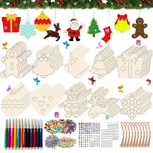 Fiabgum Ornamentos de Natal de madeira, 466 peças pendentes de madeira para o Natal, ornamentos de natural de madeira, floco de neve estrela e renas ornamentos de pendurar de madeira para árvore para