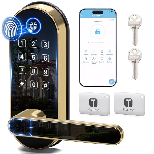 Keyless-Entry Keypad Fingerprint Smart Lock: Digital Door Lock with Code Passcode, Electronic Door Handle, Biometric Door Knob for Entry Door, Bedroom Door (Gold)