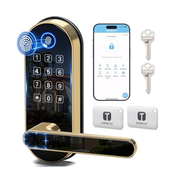 Keyless-Entry Keypad Fingerprint Smart Lock: Digital Door Lock with Code Passcode, Electronic Door Handle, Biometric Door Knob for Entry Door, Bedroom Door (Gold)