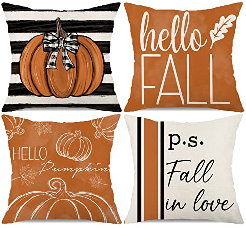 Fall Pillow Covers 18x18 Set of 4 Hello Fall Pumpkin Pillows Decorative Fall in Love Quotes Autumn Thanksgiving Holiday Throw Pillows Case Farmhouse Decorations Cushion Case for Couch Sofa F017-18