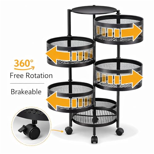 Image of RADIANT 5 Layer Multipurpose Plastic Trolley with Dish Rack for Kitchen Fruit Vegetable Storage Basket Kitchenware Food, Snacks, Toys, Tiered Shelf (Black) (Round Trolley-5 Layer)